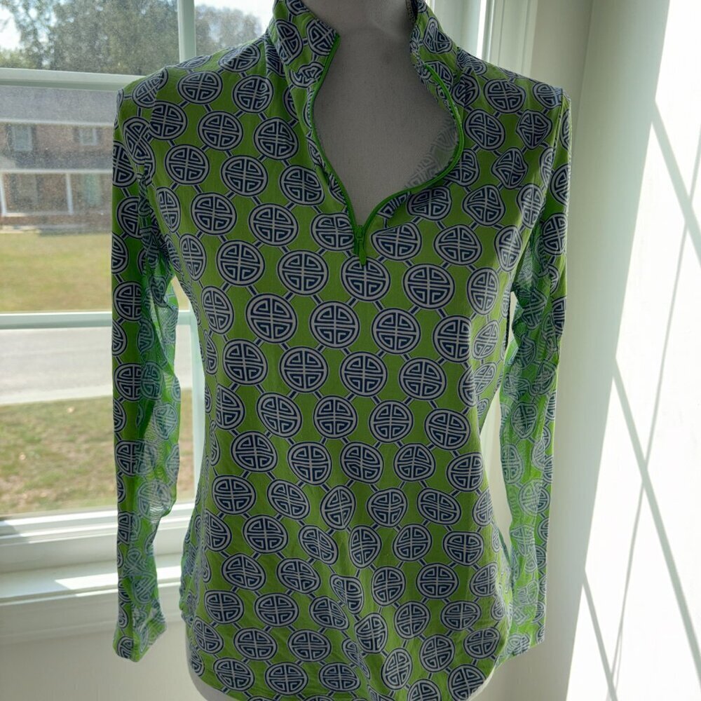IBKÜL Long Sleeve Collared Quarter-Zip Sunshirt Kelly Green Navy Preppy size S